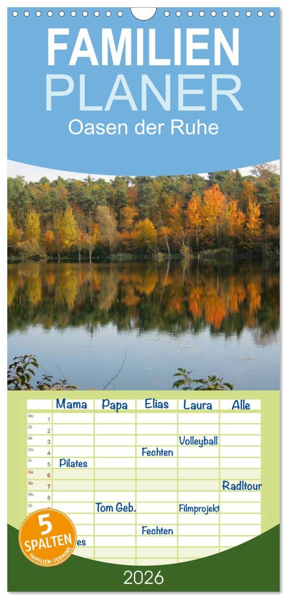 Familienplaner 2026 - Oasen der Ruhe 2026 / Geburtstagskalender mit 5 Spalten (Wandkalender, 21 cm x 45 cm), CALVENDO Calendars