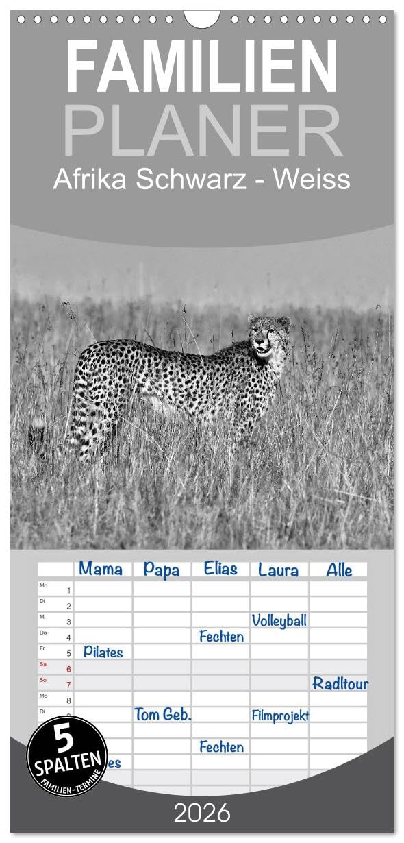Familienplaner 2026 - Afrika Schwarz - Weiss mit 5 Spalten (Wandkalender, 21 cm x 45 cm), CALVENDO Natural Sciences