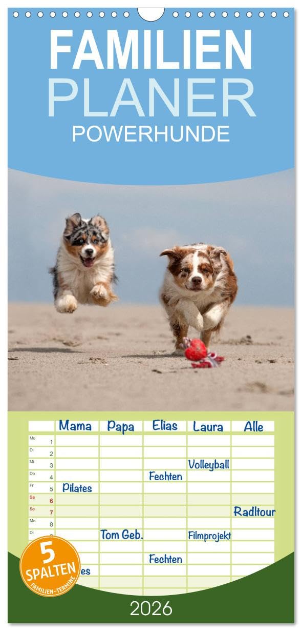 Familienplaner 2026 - POWERHUNDE 2026 mit 5 Spalten (Wandkalender, 21 cm x 45 cm), CALVENDO Natural Sciences