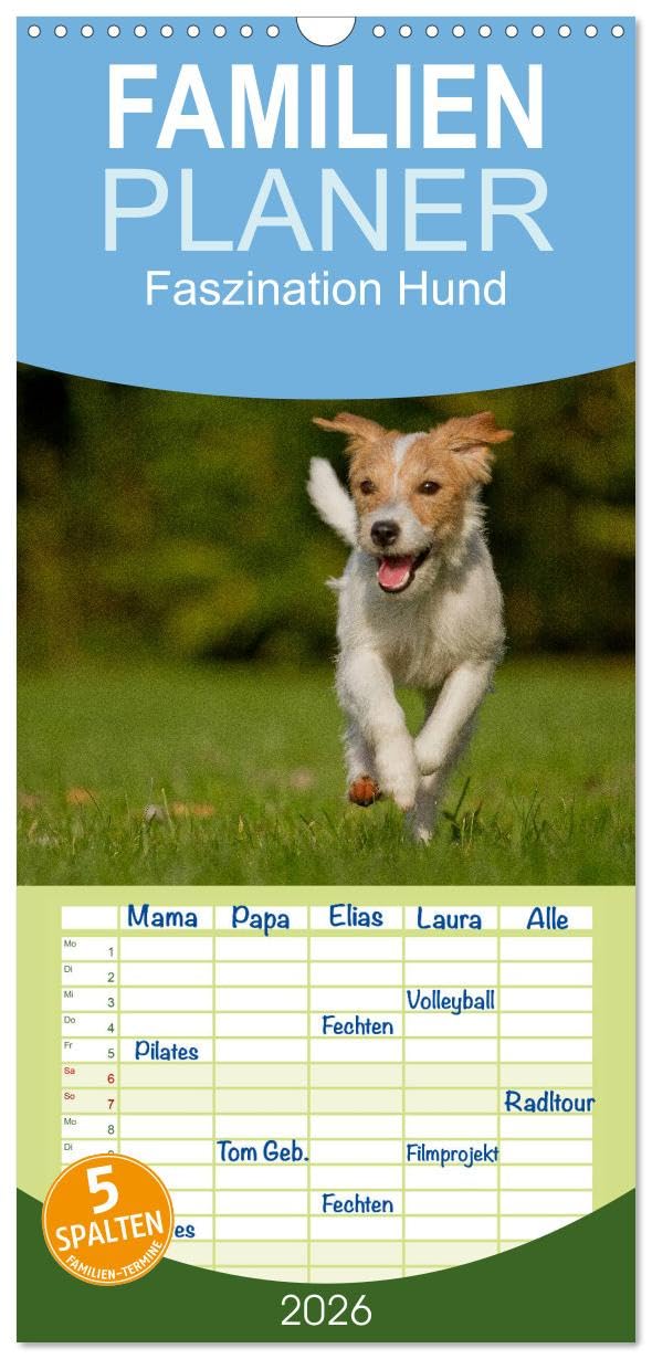 Familienplaner 2026 - Faszination Hund mit 5 Spalten (Wandkalender, 21 cm x 45 cm), CALVENDO Natural Sciences