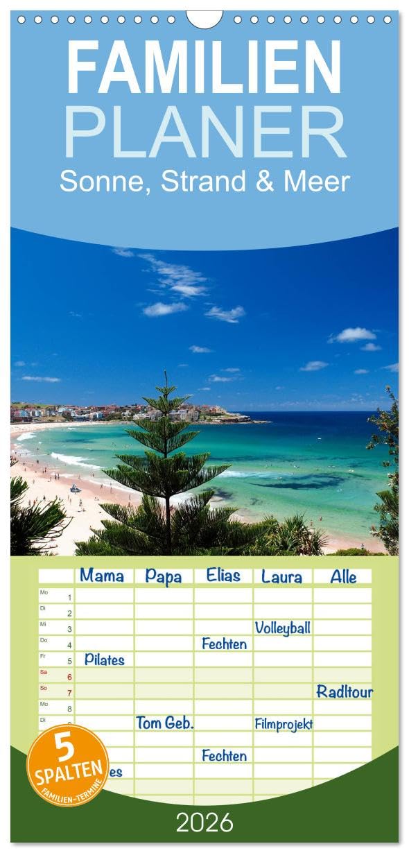 Familienplaner 2026 - Sonne, Strand & Meer mit 5 Spalten (Wandkalender, 21 cm x 45 cm), CALVENDO Leisure, Home & Garden
