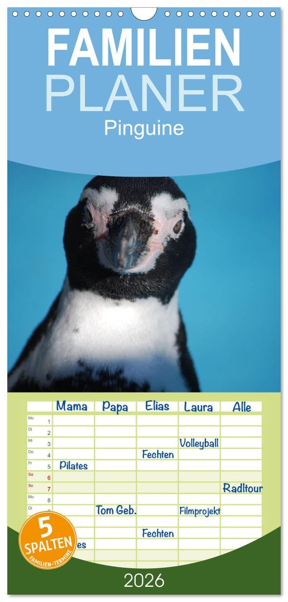 Familienplaner 2026 - Pinguine 2026 mit 5 Spalten (Wandkalender, 21 cm x 45 cm), CALVENDO Natural Sciences