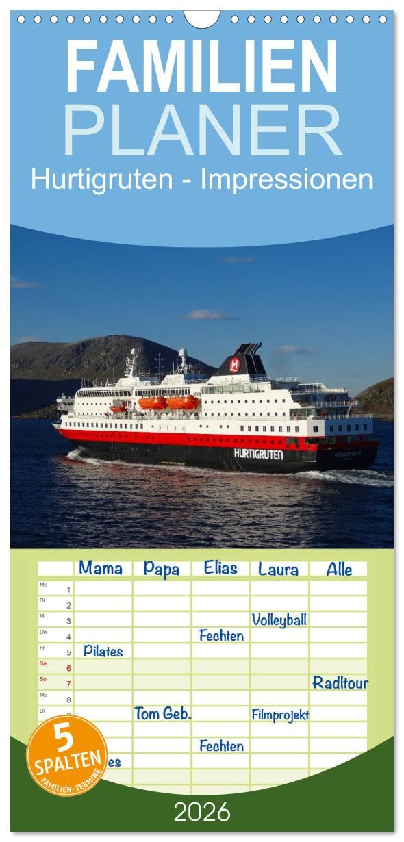 Familienplaner 2026 - Impressionen von Norwegen entlang der Hurtigruten mit 5 Spalten (Wandkalender, 21 cm x 45 cm), CALVENDO Living & Furnishing