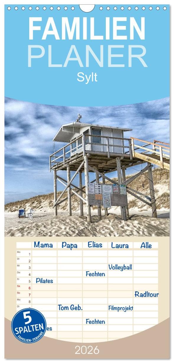Familienplaner 2026 - Sylt mit 5 Spalten (Wandkalender, 21 cm x 45 cm), CALVENDO Photography