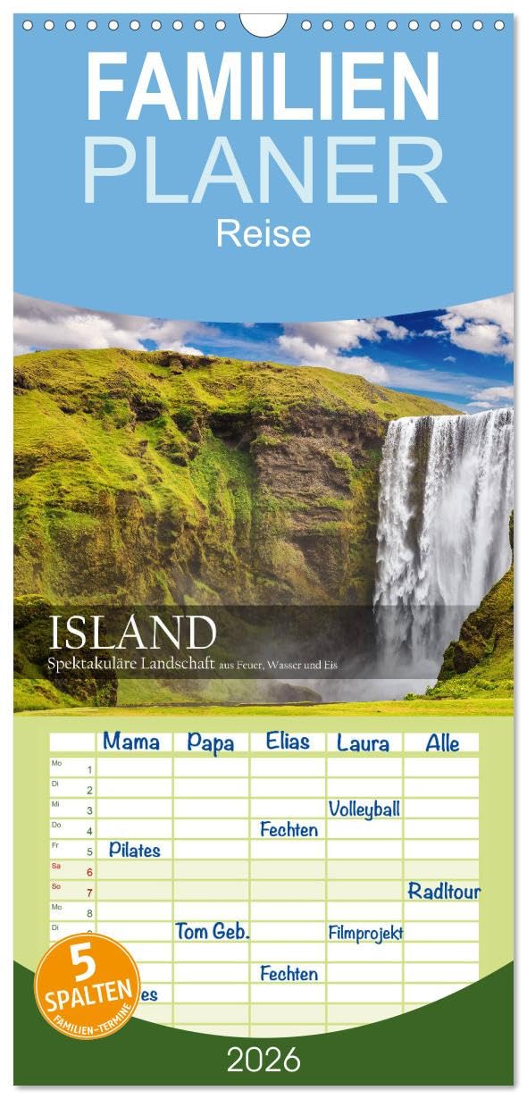 Familienplaner 2026 - Island - Spektakuläre Landschaft aus Feuer, Wasser und Eis mit 5 Spalten (Wandkalender, 21 cm x 45 cm), CALVENDO Leisure, Home & Garden