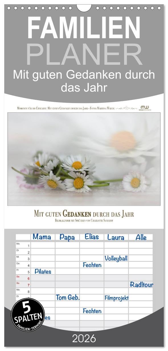 Familienplaner 2026 - Mit guten Gedanken durch das Jahr mit 5 Spalten (Wandkalender, 21 cm x 45 cm), CALVENDO Leisure, Home & Garden