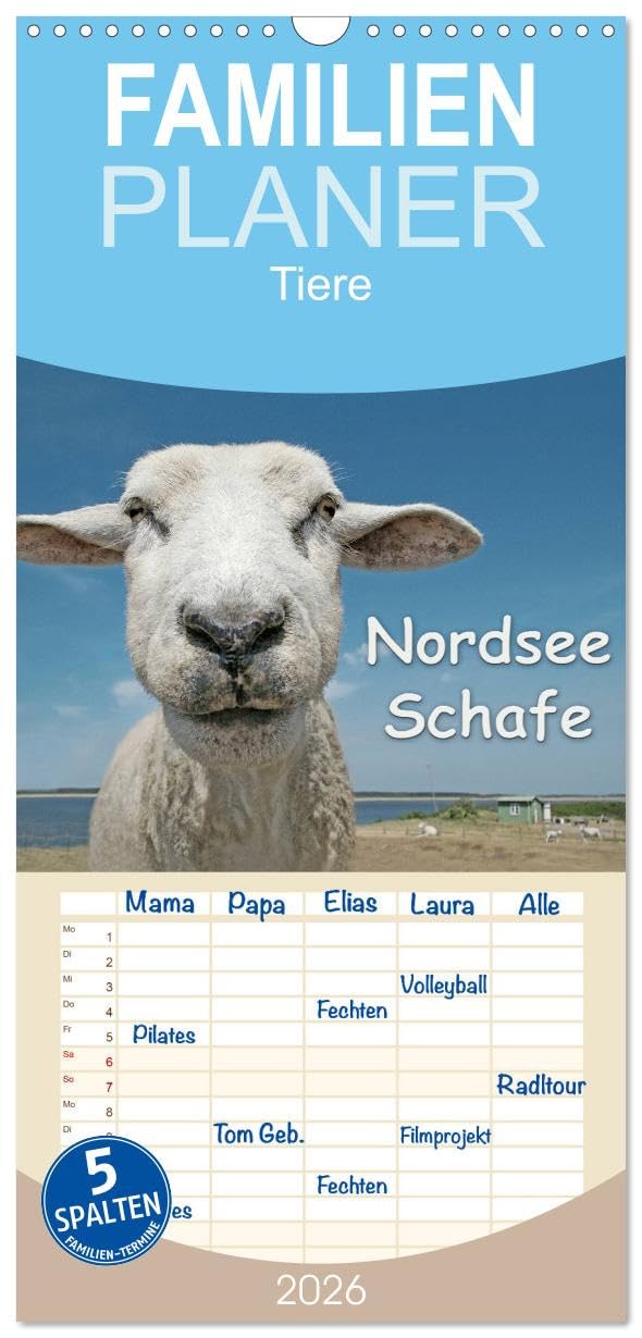 Familienplaner 2026 - Nordsee Schafe mit 5 Spalten (Wandkalender, 21 cm x 45 cm), CALVENDO Natural Sciences