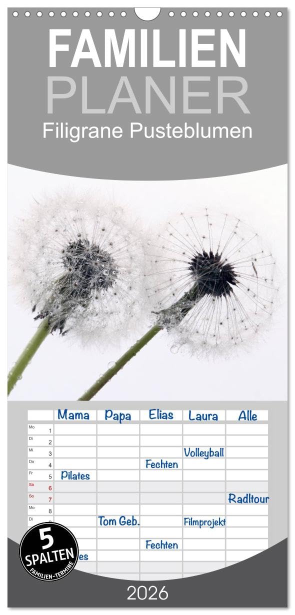 Familienplaner 2026 - Filigrane Pusteblumen/Geburtstagskalender mit 5 Spalten (Wandkalender, 21 cm x 45 cm), CALVENDO Living & Furnishing
