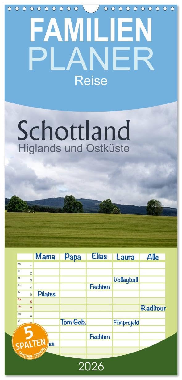 Familienplaner 2026 - Schottland Highlands und Ostküste mit 5 Spalten (Wandkalender, 21 cm x 45 cm), CALVENDO Leisure, Home & Garden