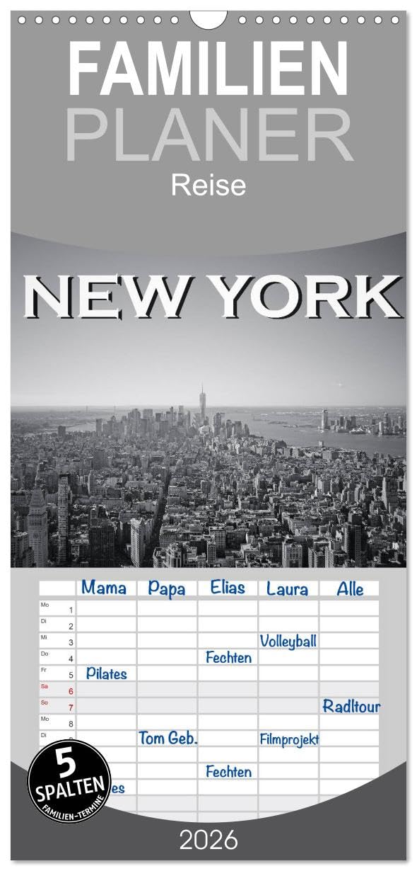 Familienplaner 2026 - New York in schwarz weiss mit 5 Spalten (Wandkalender, 21 cm x 45 cm), CALVENDO Leisure, Home & Garden