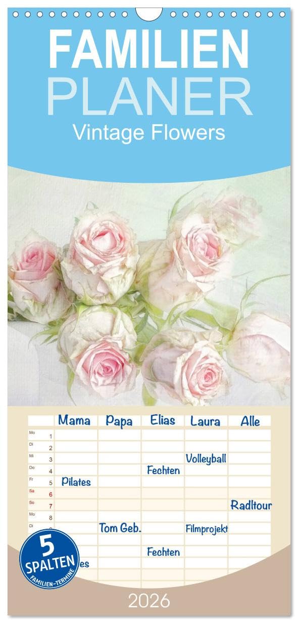 Familienplaner 2026 - Vintage Flowers mit 5 Spalten (Wandkalender, 21 cm x 45 cm), CALVENDO Social Sciences