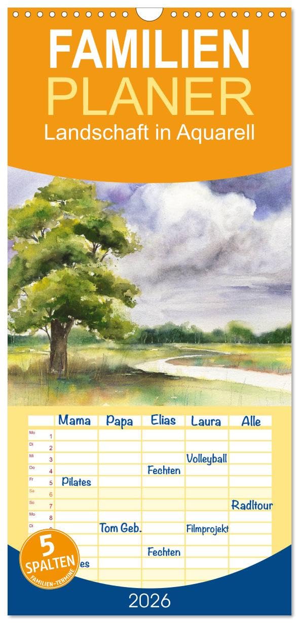 Familienplaner 2026 - Landschaft in Aquarell mit 5 Spalten (Wandkalender, 21 cm x 45 cm), CALVENDO Film, Art & Culture