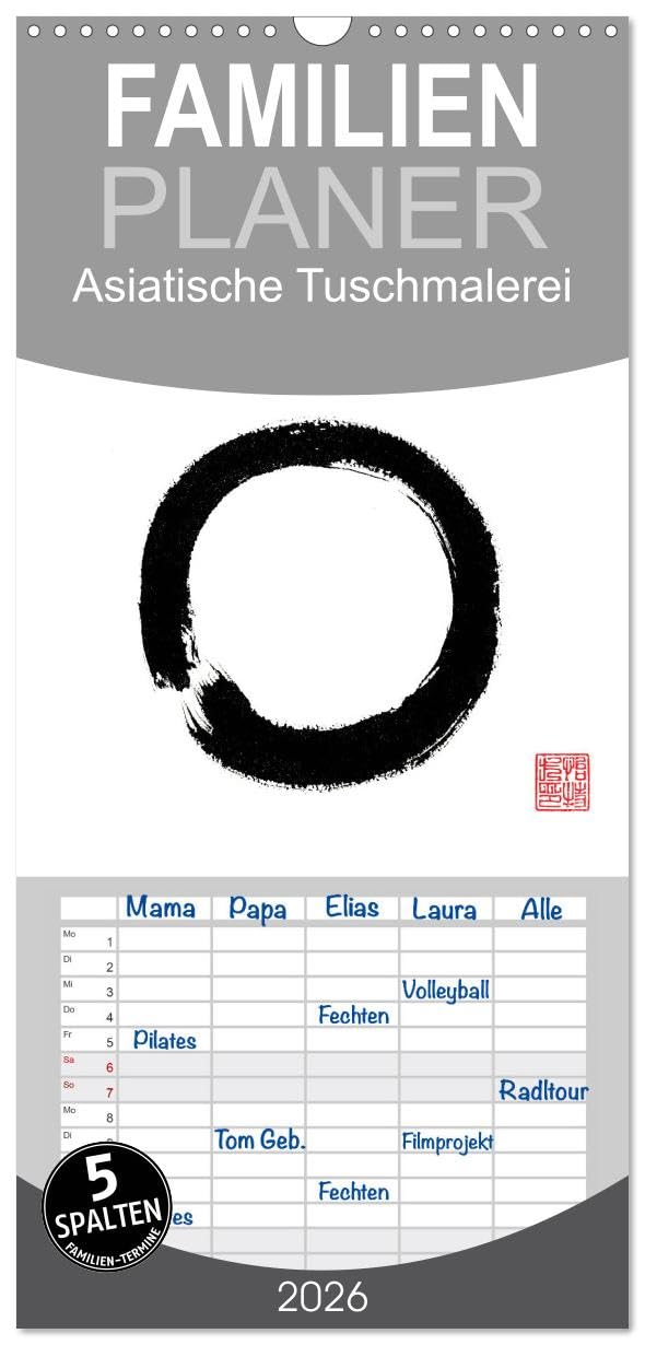 Familienplaner 2026 - Asiatische Tuschmalerei mit 5 Spalten (Wandkalender, 21 cm x 45 cm), CALVENDO Social Sciences