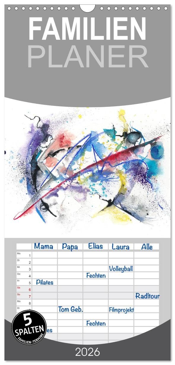 Familienplaner 2026 - Abstrakte Aquarelle mit 5 Spalten (Wandkalender, 21 cm x 45 cm), CALVENDO Film, Art & Culture