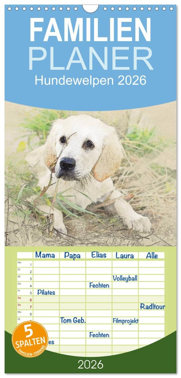 Familienplaner 2026 - Hundewelpen 2026 mit 5 Spalten (Wandkalender, 21 cm x 45 cm), CALVENDO Natural Sciences