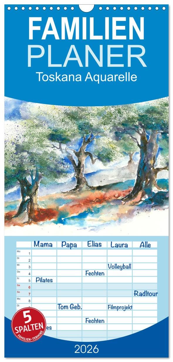 Familienplaner 2026 - Toskana Aquarelle mit 5 Spalten (Wandkalender, 21 cm x 45 cm), CALVENDO Film, Art & Culture