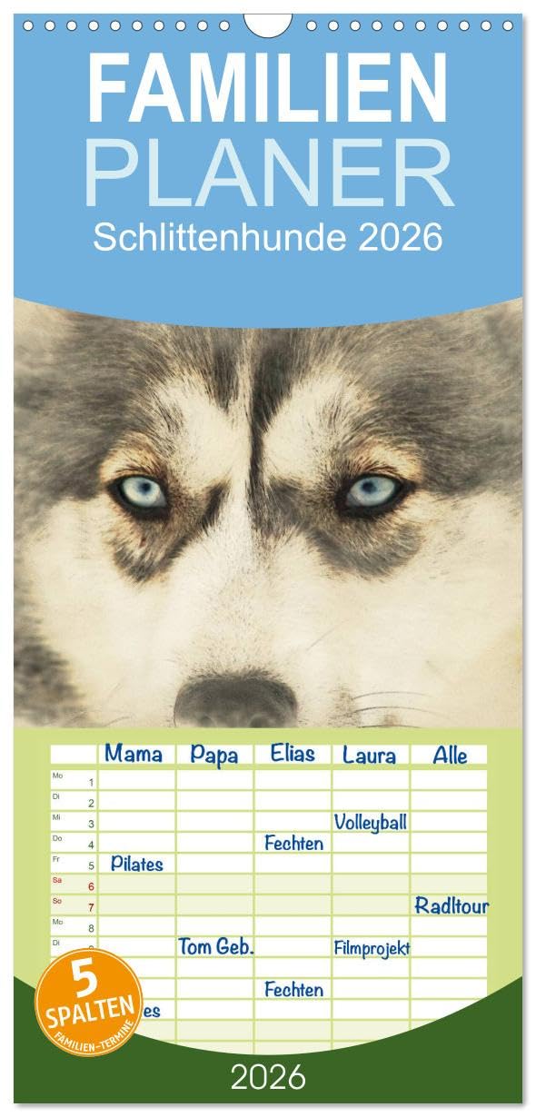 Familienplaner 2026 - Schlittenhunde 2026 mit 5 Spalten (Wandkalender, 21 cm x 45 cm), CALVENDO Natural Sciences