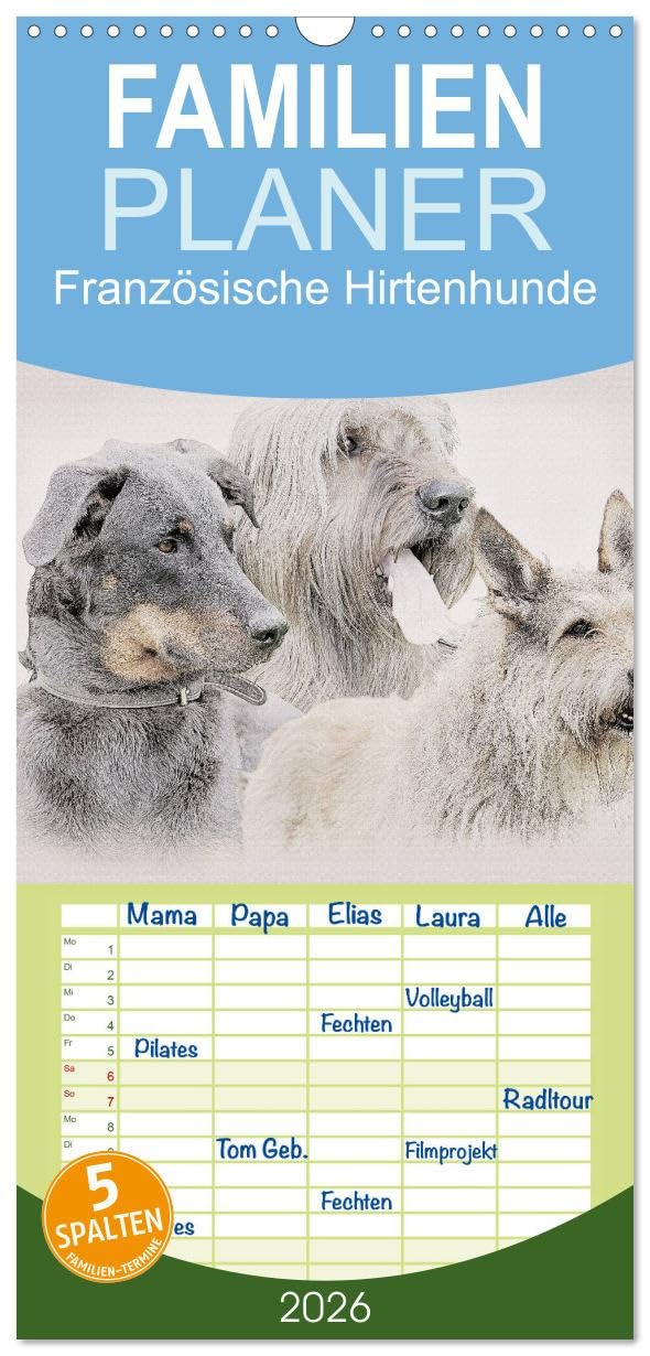 Familienplaner 2026 - Französische Hirtenhunde 2026 mit 5 Spalten (Wandkalender, 21 cm x 45 cm), CALVENDO Natural Sciences