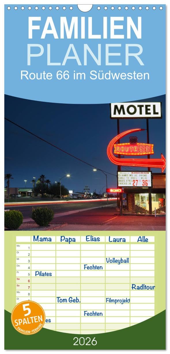 Familienplaner 2026 - Route 66 im Südwesten mit 5 Spalten (Wandkalender, 21 cm x 45 cm), CALVENDO Leisure, Home & Garden