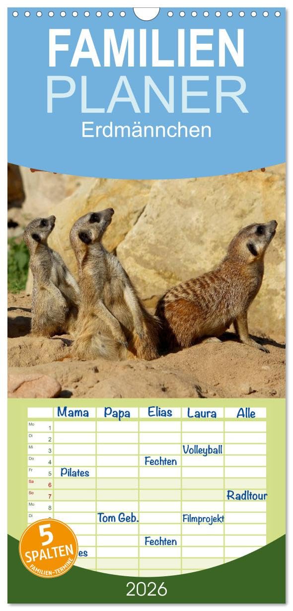 Familienplaner 2026 - Erdmännchen mit 5 Spalten (Wandkalender, 21 cm x 45 cm), CALVENDO Living & Furnishing