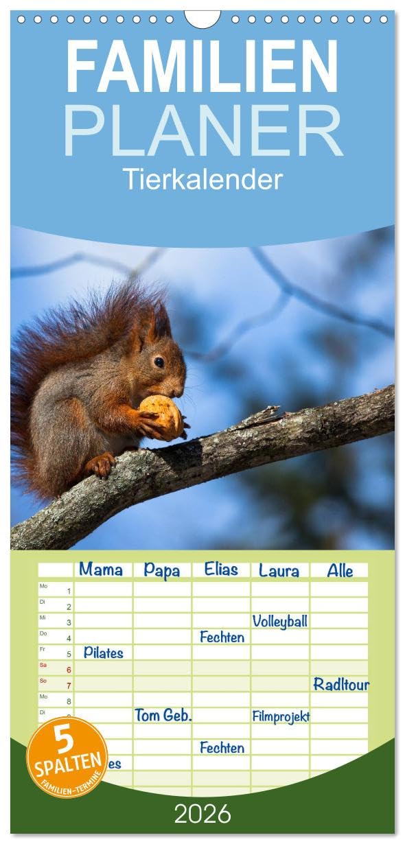 Familienplaner 2026 - Tierkalender 2026 mit 5 Spalten (Wandkalender, 21 cm x 45 cm), CALVENDO Living & Furnishing