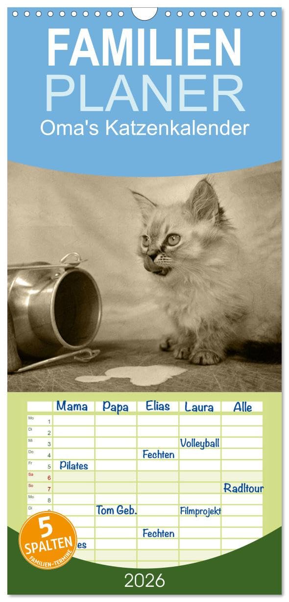 Familienplaner 2026 - Oma's Katzenkalender 2026 mit 5 Spalten (Wandkalender, 21 cm x 45 cm), CALVENDO Natural Sciences