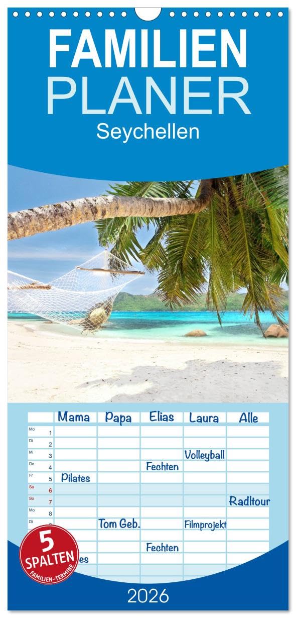 Familienplaner 2026 - Seychellen mit 5 Spalten (Wandkalender, 21 cm x 45 cm), CALVENDO Leisure, Home & Garden