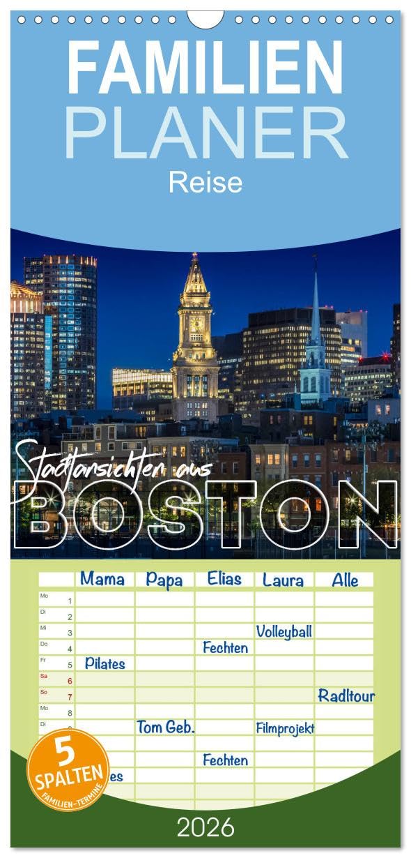 Familienplaner 2026 - Stadtansichten aus Boston mit 5 Spalten (Wandkalender, 21 cm x 45 cm), CALVENDO Leisure, Home & Garden