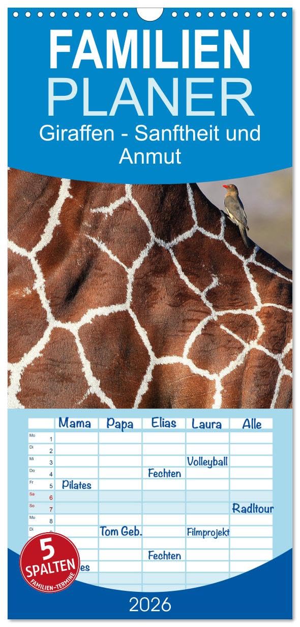 Familienplaner 2026 - Giraffen - Sanftheit und Anmut mit 5 Spalten (Wandkalender, 21 cm x 45 cm), CALVENDO Natural Sciences
