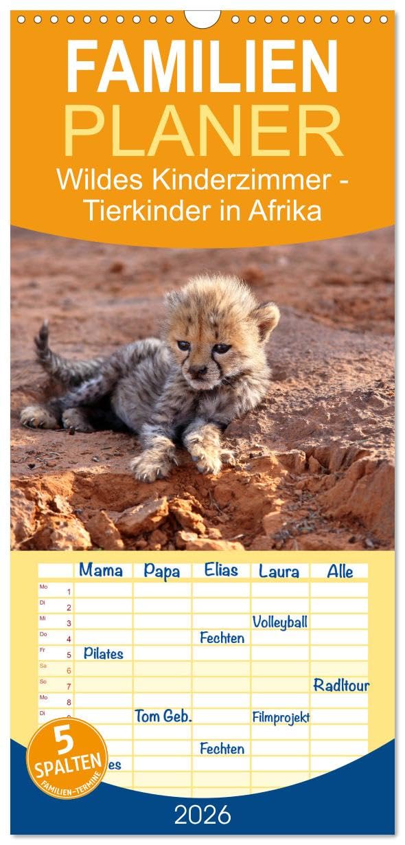 Familienplaner 2026 - Wildes Kinderzimmer - Tierkinder in Afrika mit 5 Spalten (Wandkalender, 21 cm x 45 cm), CALVENDO Natural Sciences