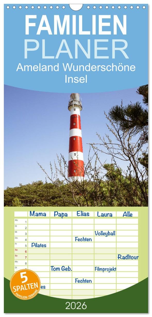 Familienplaner 2026 - Ameland Wunderschöne Insel mit 5 Spalten (Wandkalender, 21 cm x 45 cm), CALVENDO Natural Sciences