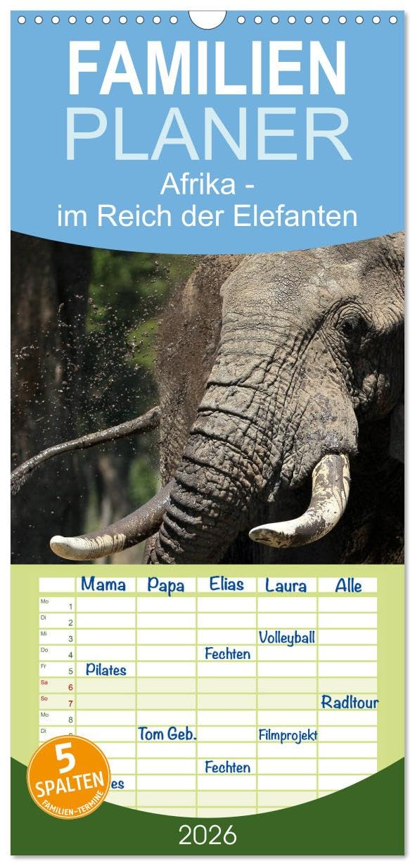 Familienplaner 2026 - Afrika - im Reich der Elefanten mit 5 Spalten (Wandkalender, 21 cm x 45 cm), CALVENDO Natural Sciences