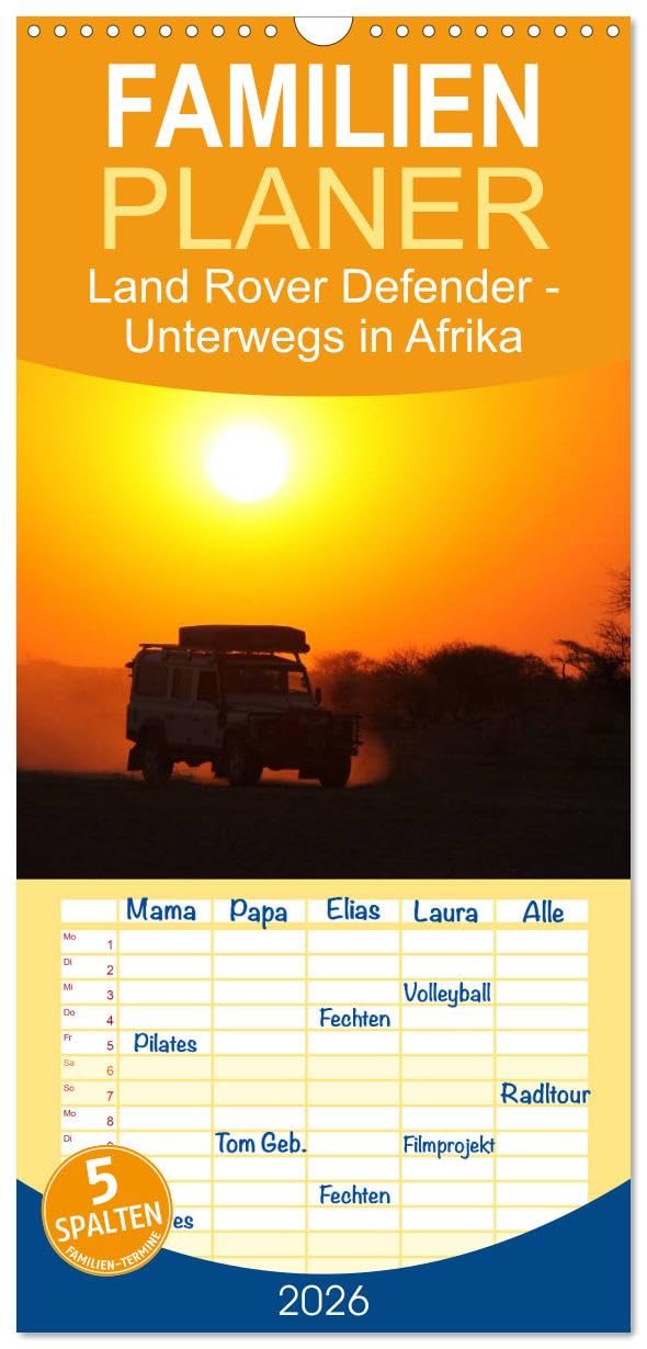 Familienplaner 2026 - Land Rover Defender - Unterwegs in Afrika mit 5 Spalten (Wandkalender, 21 cm x 45 cm), CALVENDO Calendars