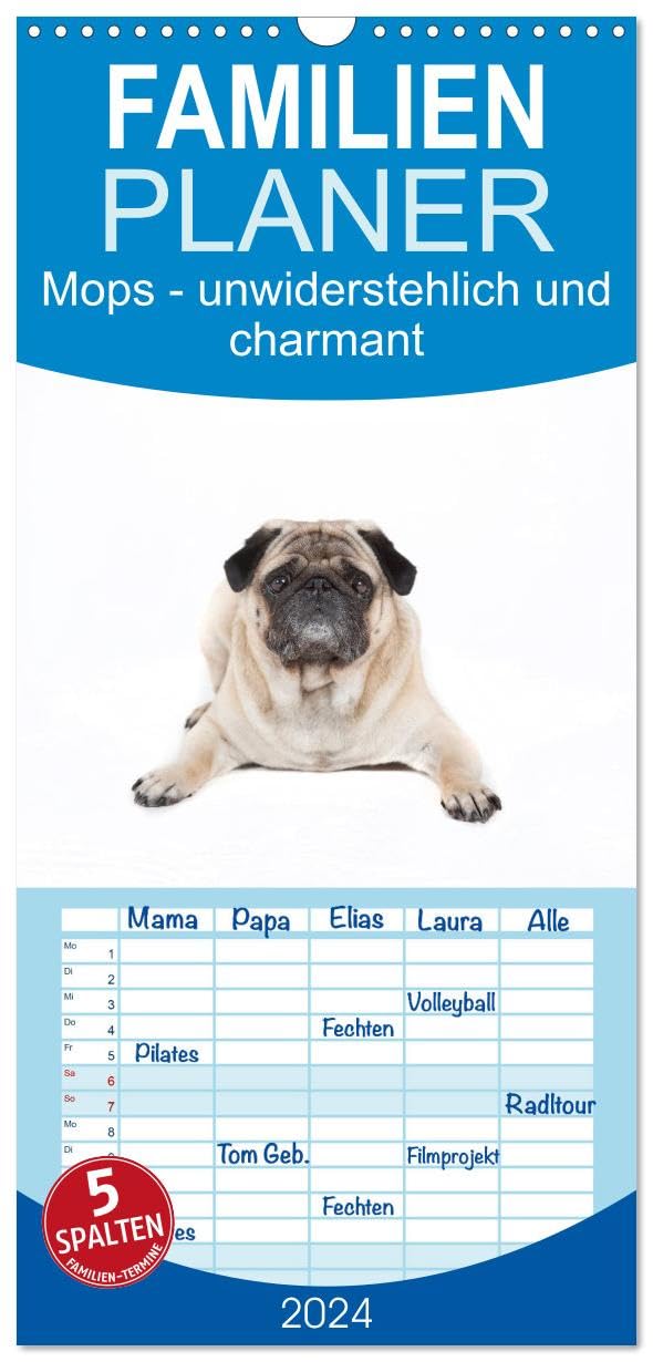 Familienplaner 2026 - Mops - unwiderstehlich und charmant mit 5 Spalten (Wandkalender, 21 cm x 45 cm), CALVENDO Pets
