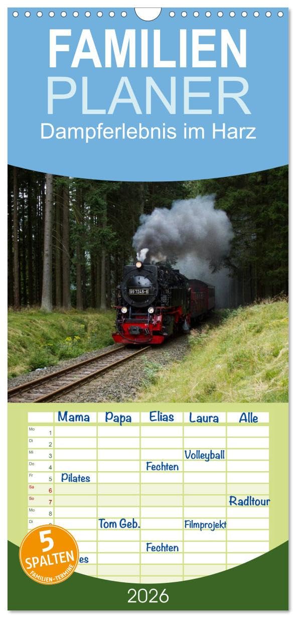 Familienplaner 2026 - Dampferlebnis im Harz mit 5 Spalten (Wandkalender, 21 cm x 45 cm), CALVENDO Leisure, Home & Garden