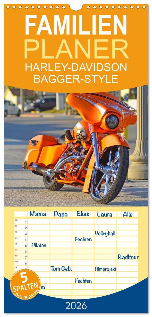 Familienplaner 2026 - BEST OF HARLEY-DAVIDSON BAGGER-STYLE mit 5 Spalten (Wandkalender, 21 cm x 45 cm), CALVENDO Film, Art & Culture