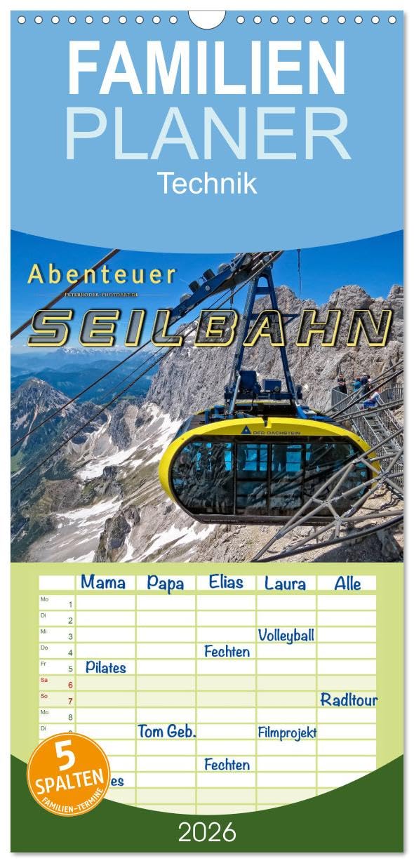 Familienplaner 2026 - Abenteuer Seilbahn mit 5 Spalten (Wandkalender, 21 cm x 45 cm), CALVENDO Living & Furnishing