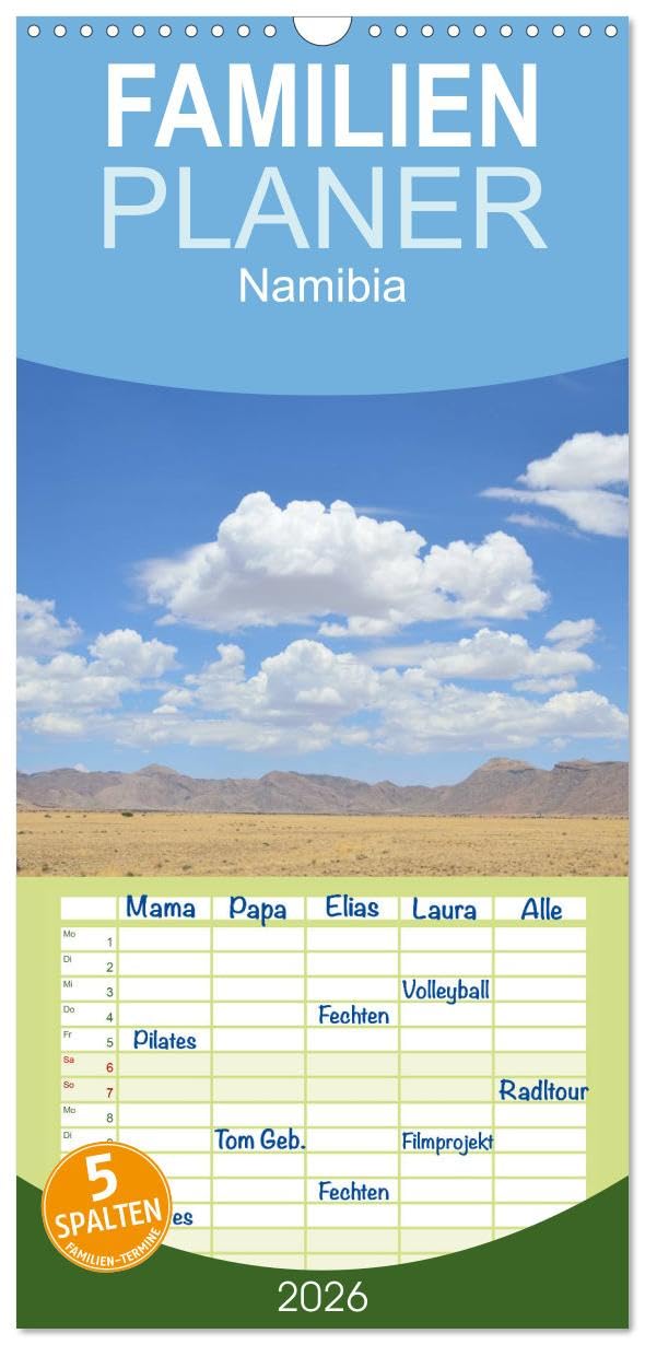 Familienplaner 2026 - Namibia mit 5 Spalten (Wandkalender, 21 cm x 45 cm), CALVENDO Leisure, Home & Garden