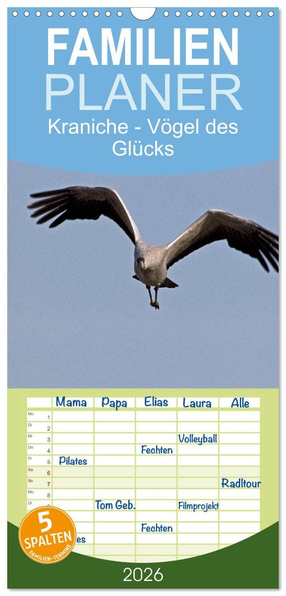 Familienplaner 2026 - Kraniche - Vögel des Glücks mit 5 Spalten (Wandkalender, 21 cm x 45 cm), CALVENDO Natural Sciences
