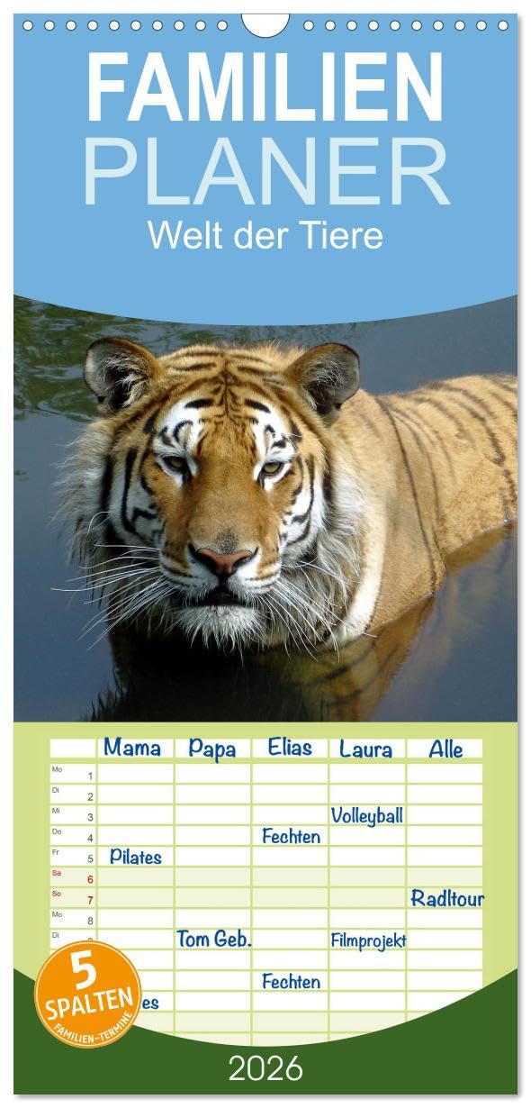 Familienplaner 2026 - Welt der Tiere mit 5 Spalten (Wandkalender, 21 cm x 45 cm), CALVENDO Social Sciences