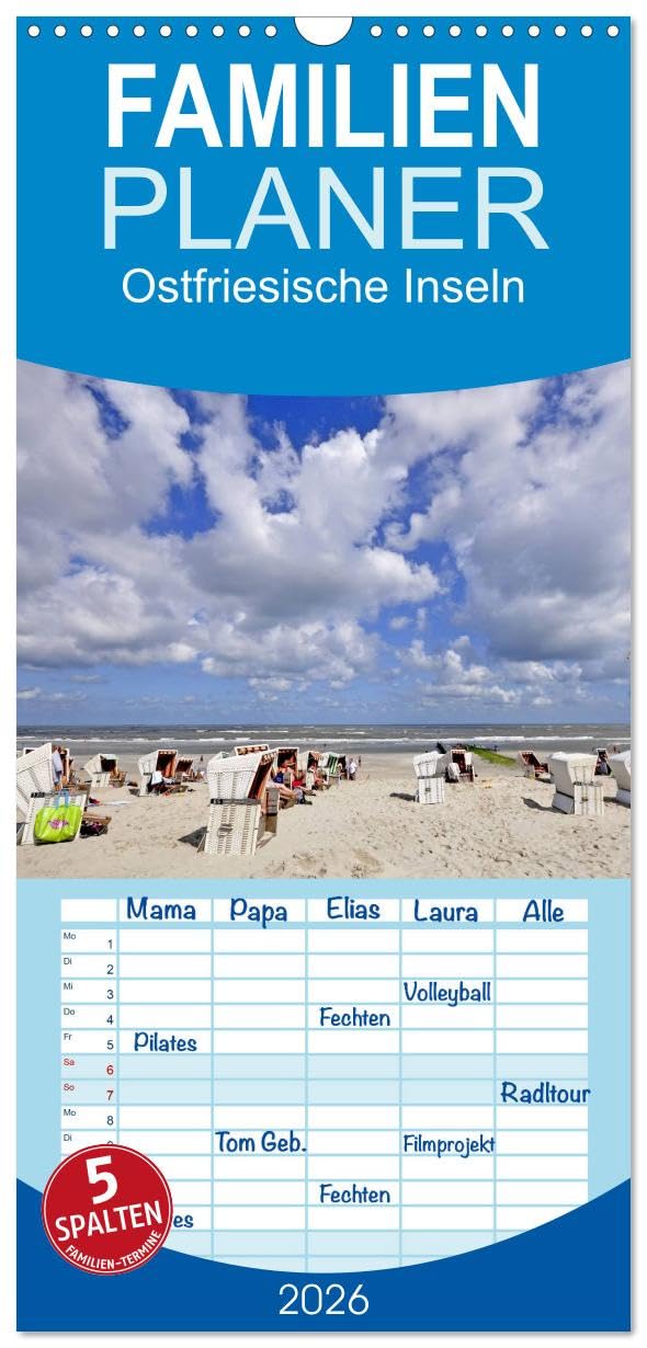 Familienplaner 2026 - Ostfriesische Inseln mit 5 Spalten (Wandkalender, 21 cm x 45 cm), CALVENDO Leisure, Home & Garden