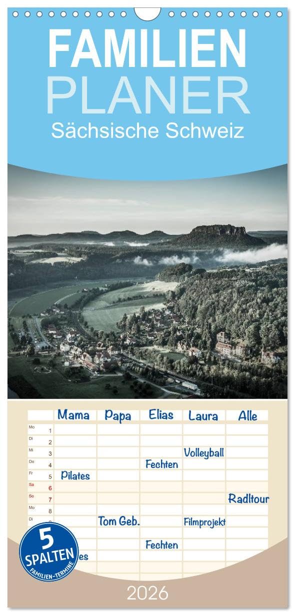 Familienplaner 2026 - Sächsische Schweiz mit 5 Spalten (Wandkalender, 21 cm x 45 cm), CALVENDO Photography