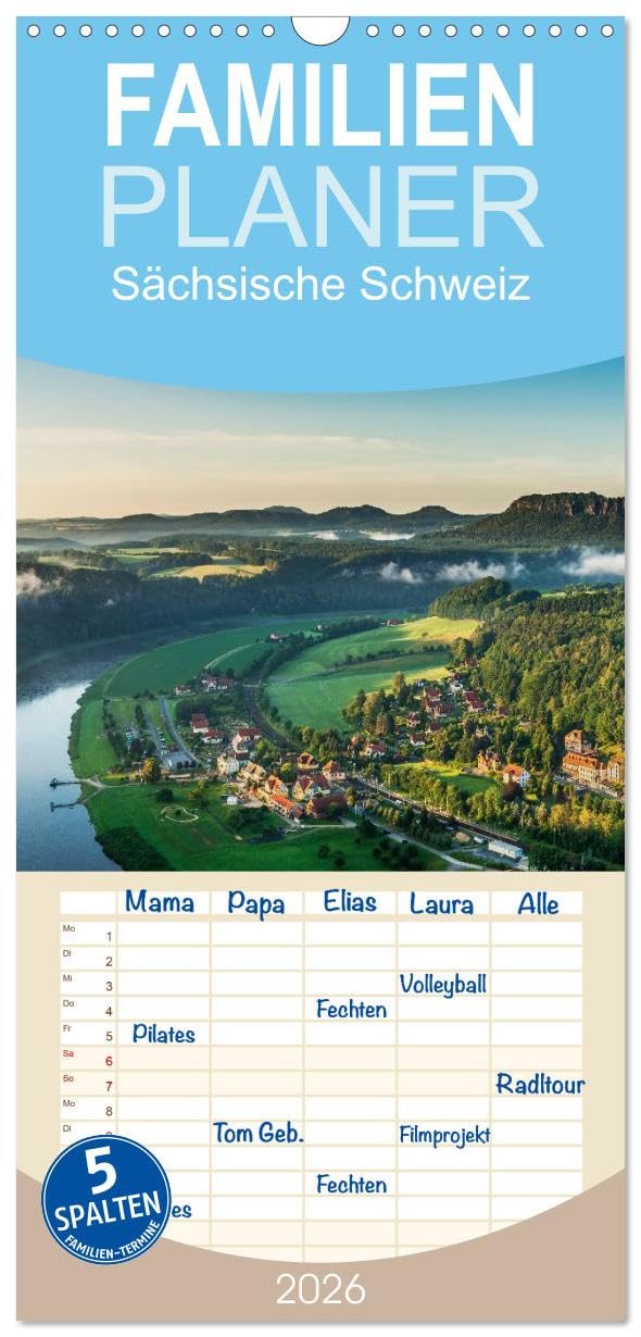 Familienplaner 2026 - Sächsische Schweiz/Geburtstagsplaner mit 5 Spalten (Wandkalender, 21 cm x 45 cm), CALVENDO Photography