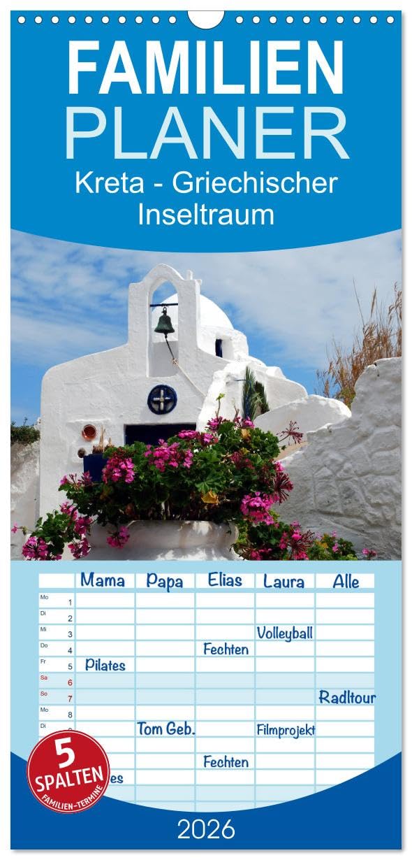 Familienplaner 2026 - Kreta - Griechischer Inseltraum mit 5 Spalten (Wandkalender, 21 cm x 45 cm), CALVENDO Film, Art & Culture