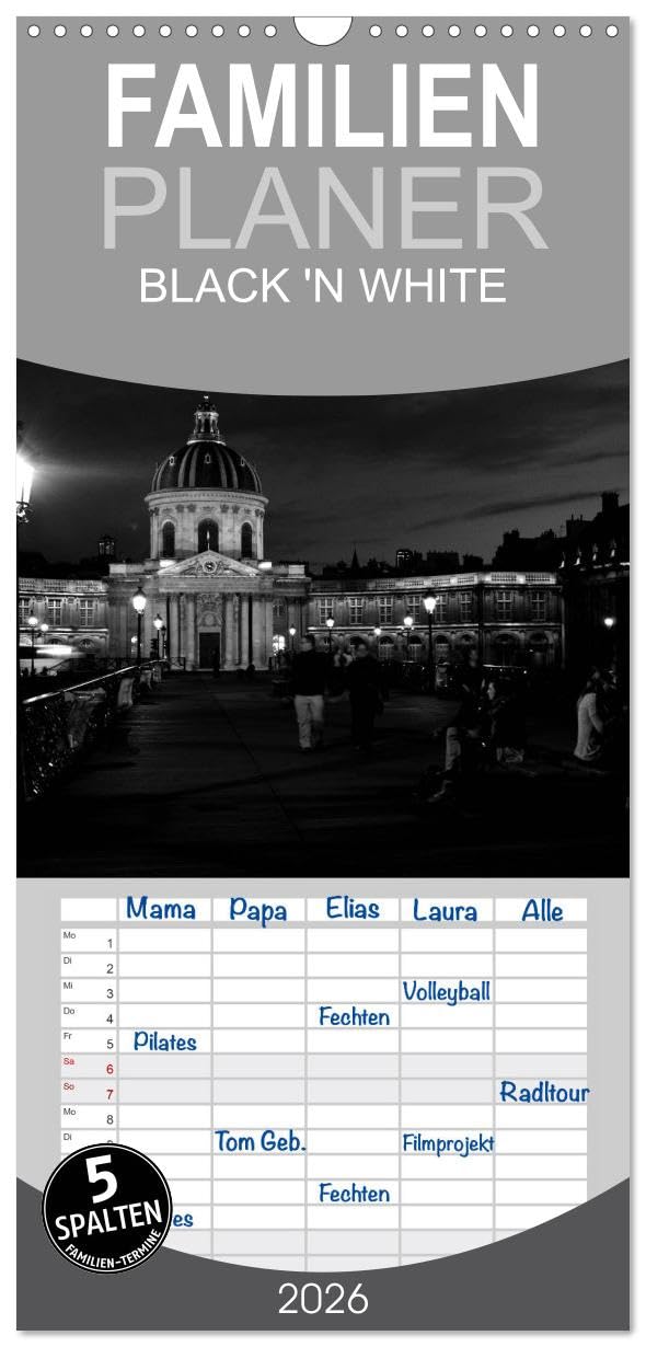 Familienplaner 2026 - BLACK 'N WHITE mit 5 Spalten (Wandkalender, 21 cm x 45 cm), CALVENDO Travel Guides