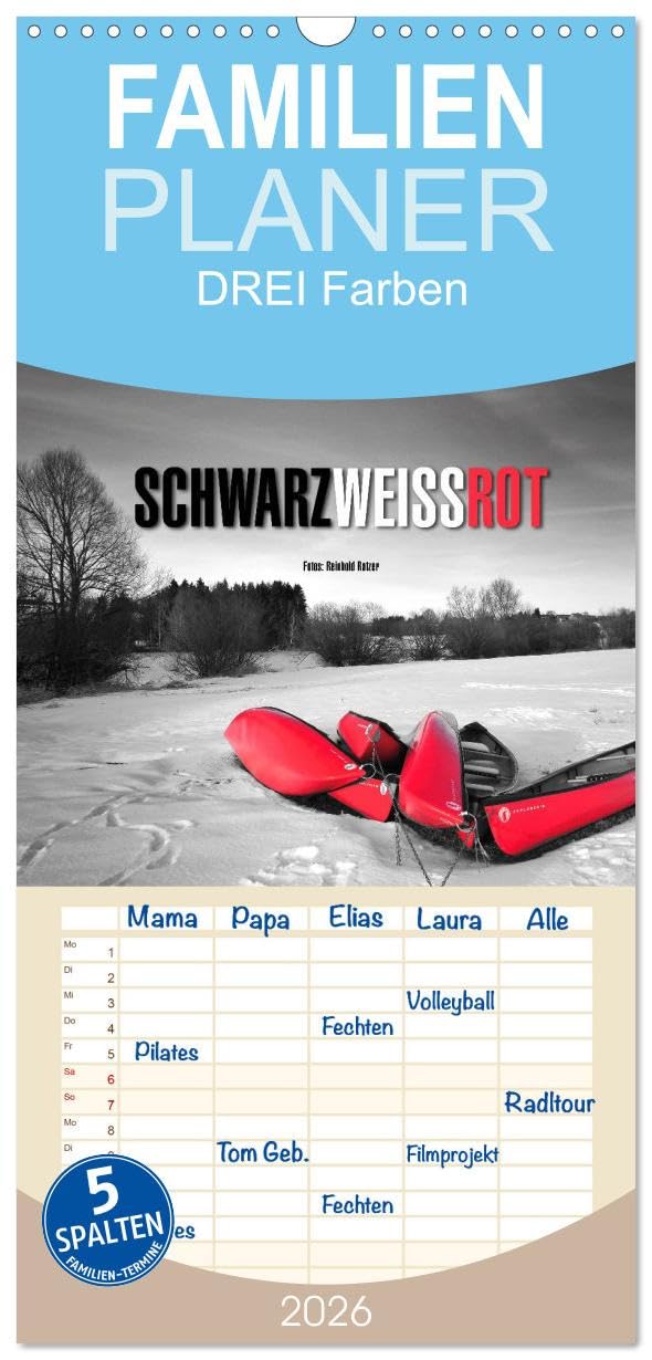 Familienplaner 2026 - Schwarz - Weiß - Rot mit 5 Spalten (Wandkalender, 21 cm x 45 cm), CALVENDO Photography
