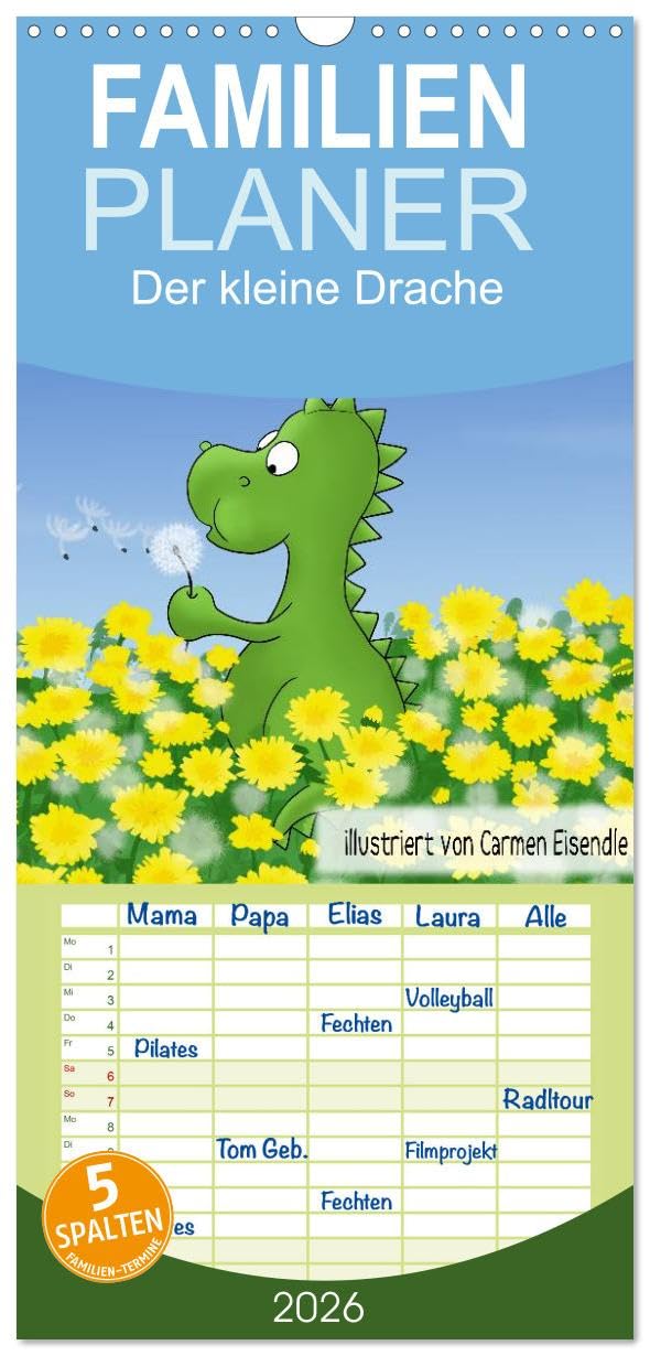 Familienplaner 2026 - Der kleine Drache mit 5 Spalten (Wandkalender, 21 cm x 45 cm), CALVENDO Natural Sciences