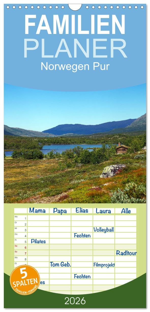 Familienplaner 2026 - Norwegen PUR mit 5 Spalten (Wandkalender, 21 cm x 45 cm), CALVENDO Leisure, Home & Garden
