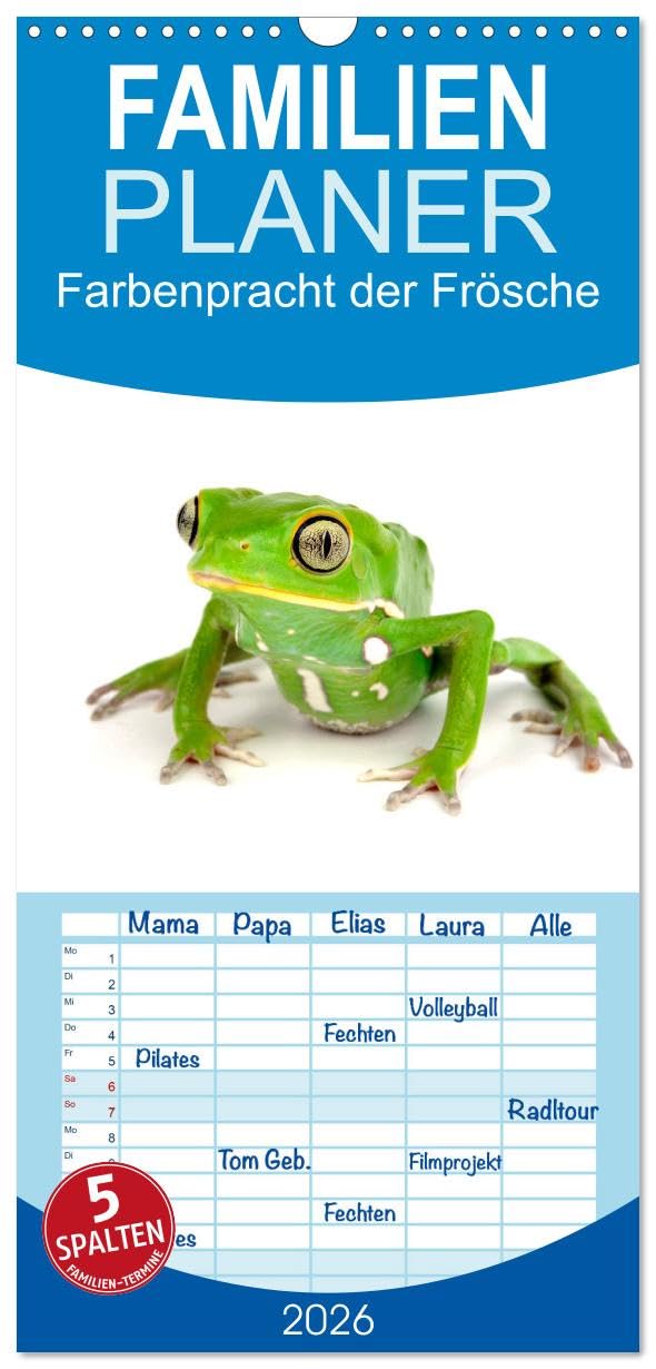 Familienplaner 2026 - Farbenpracht der Frösche mit 5 Spalten (Wandkalender, 21 cm x 45 cm), CALVENDO Photography