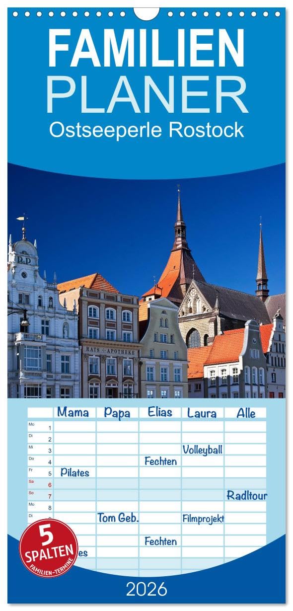 Familienplaner 2026 - Ostseeperle Rostock mit 5 Spalten (Wandkalender, 21 cm x 45 cm), CALVENDO Film, Art & Culture